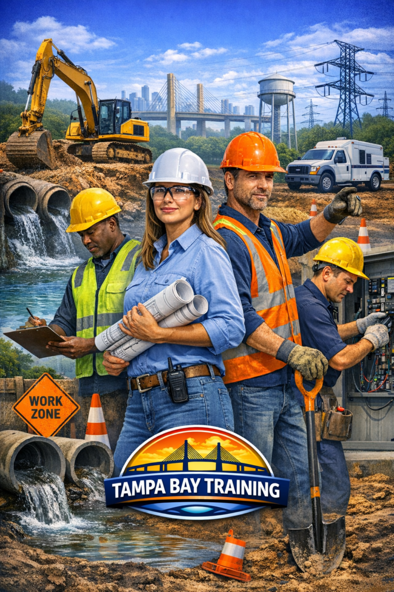FDOT Flagger Operations class with a number of public works professionals working in Florida. Cones and stop/slow paddles are being used. Tampa Bay Training Logo in the bottom right hand part of the image.