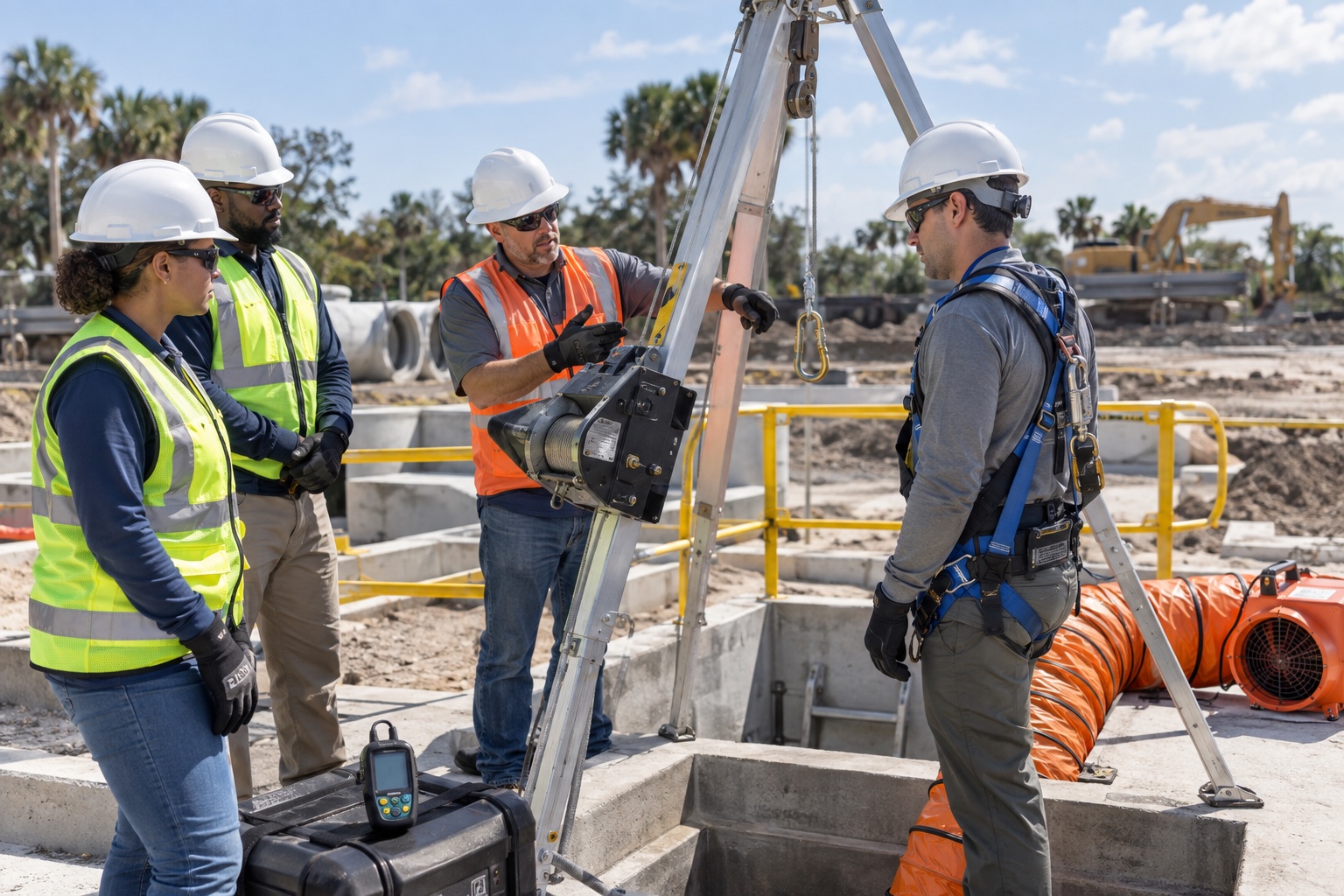 Construction confined-space entry team reviewing tripod, retrieval, monitoring, and ventilation equipment.