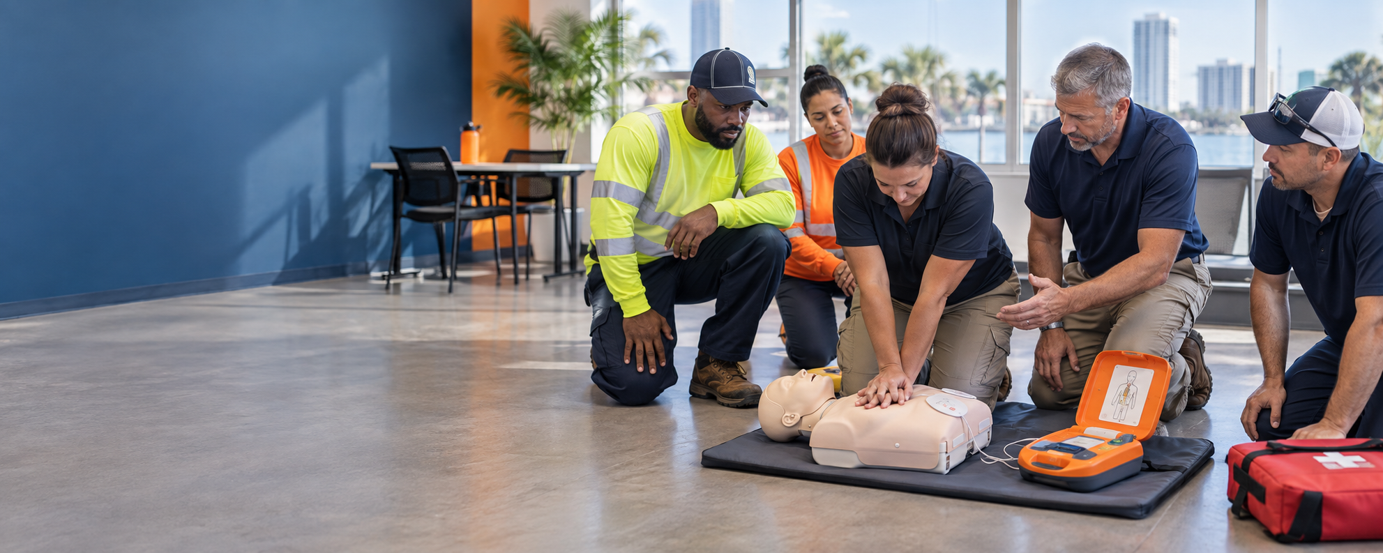 Illustrative scene of workers practicing CPR on a manikin with an AED trainer