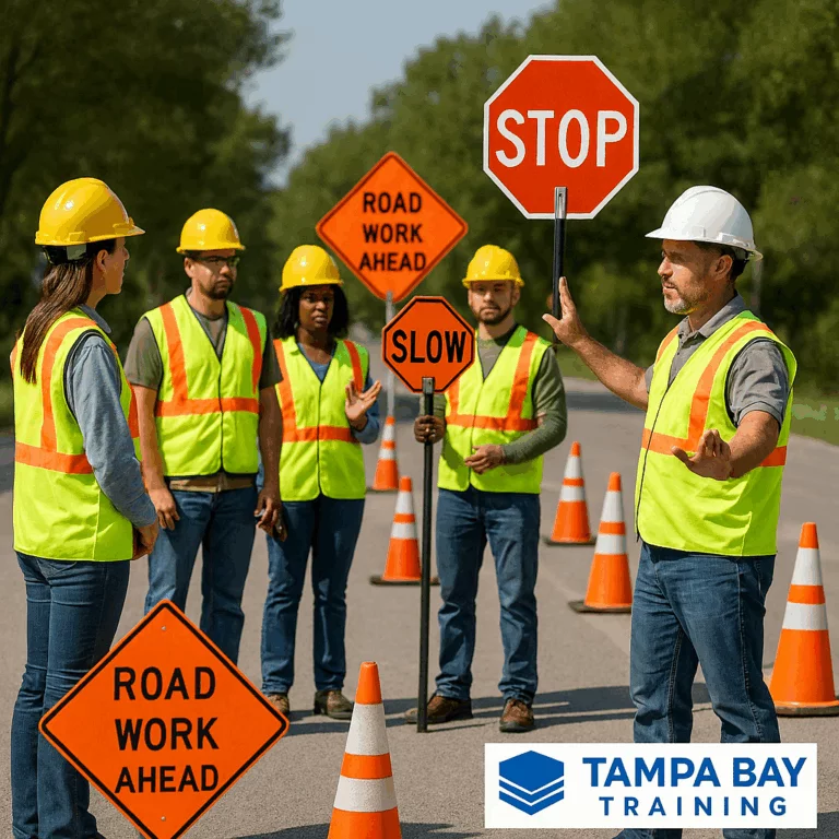 FDOT Flagger Operations class with a number of public works professionals working in Florida.  Cones and stop/slow paddles are being used.  Tampa Bay Training Logo in the bottom right hand part of the image.