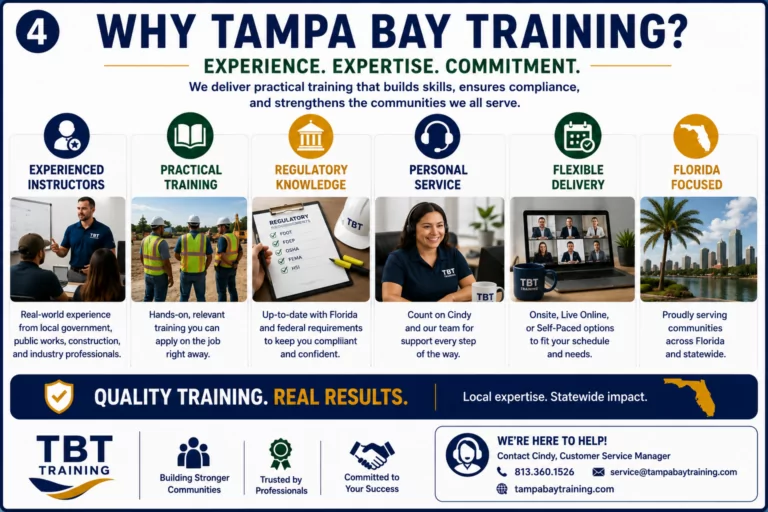 FDOT Flagger Operations class with a number of public works professionals working in Florida. Cones and stop/slow paddles are being used. Tampa Bay Training Logo in the bottom right hand part of the image.