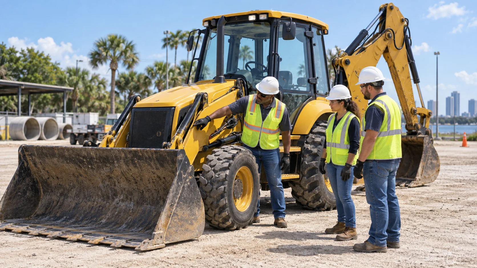 Instructor providing hands-on backhoe operator training at a Florida worksite.