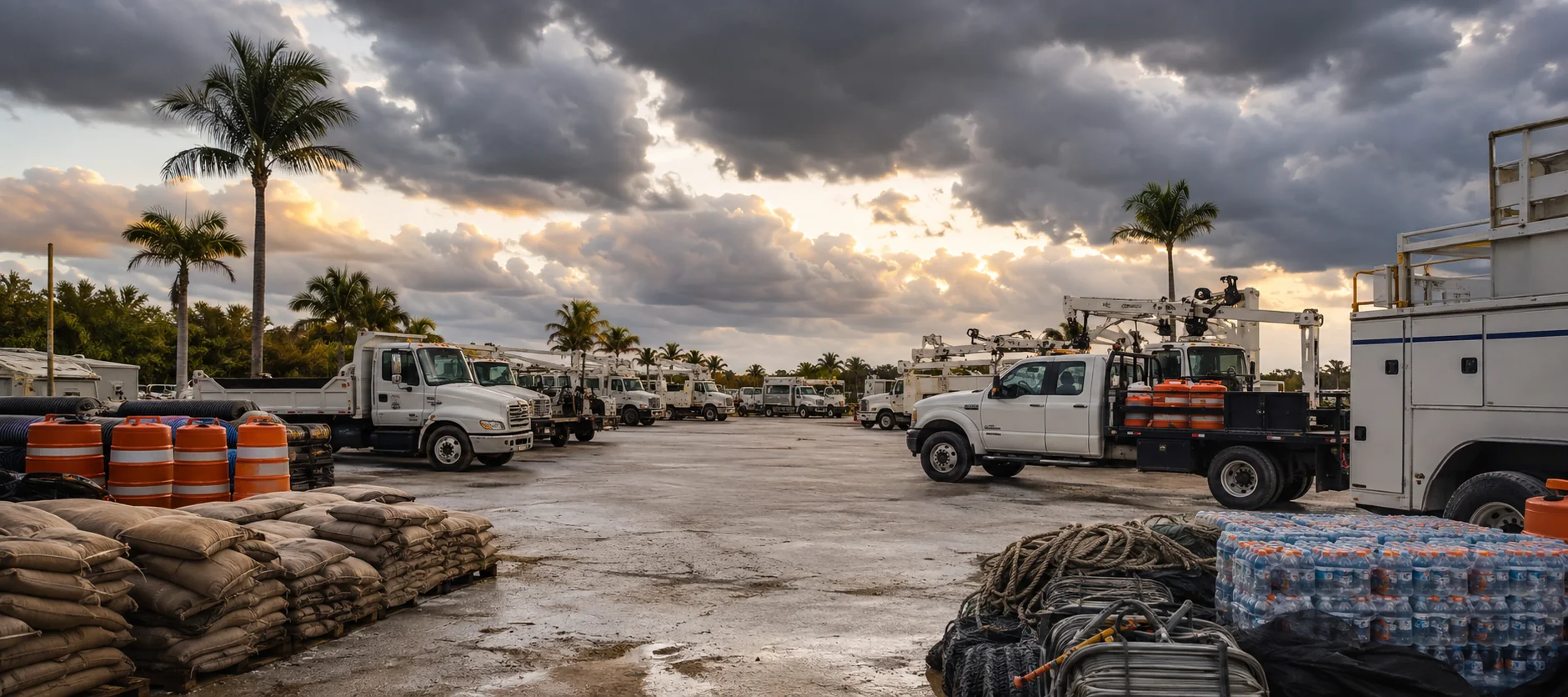 Florida public works fleet and disaster supplies staged before severe weather