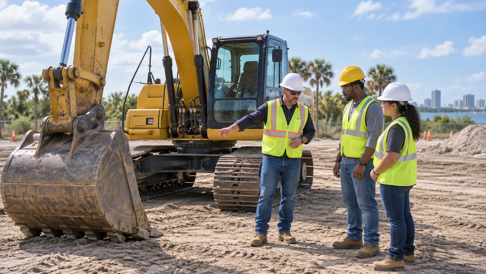 Instructor providing hands-on excavator operator training at a Florida worksite.