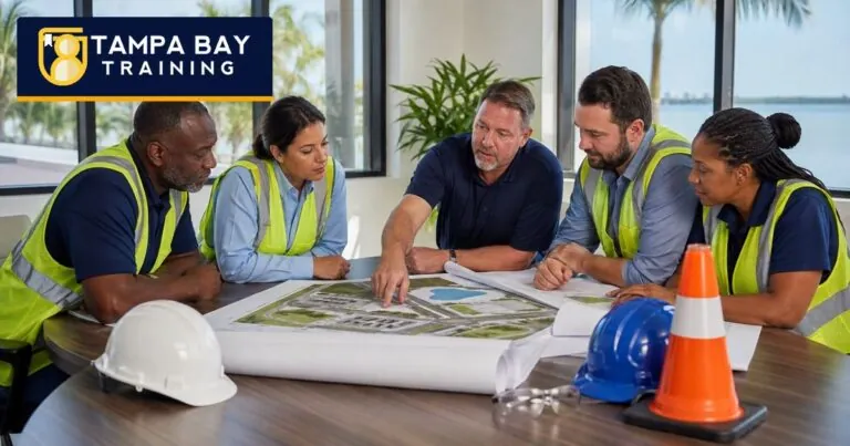 Illustrative scene of public works professionals reviewing infrastructure plans, with the Tampa Bay Training logo.