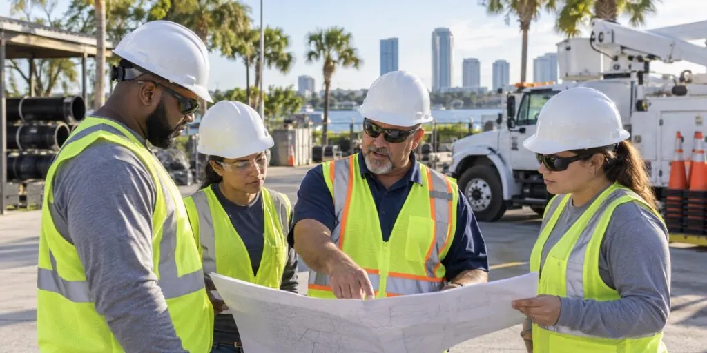 Illustrative Florida workforce training scene: a municipal public-works team reviewing a training plan beside a utility truck