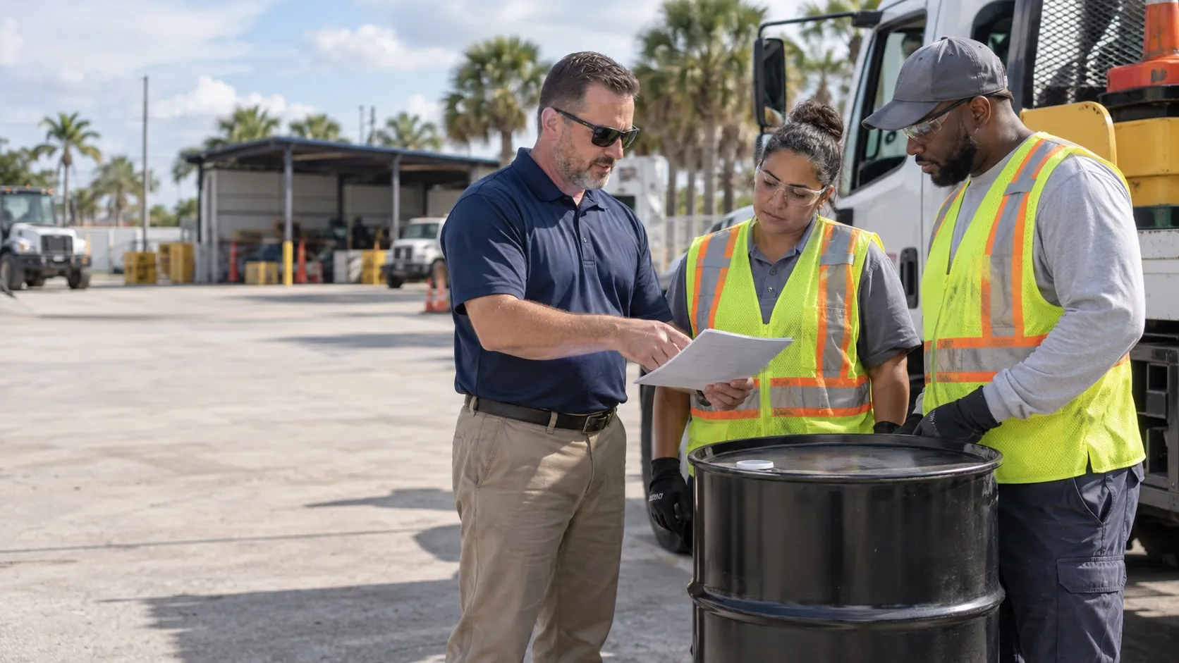 Illustrative image of an instructor and two municipal public-works employees reviewing a document beside a sealed drum at a fleet yard.