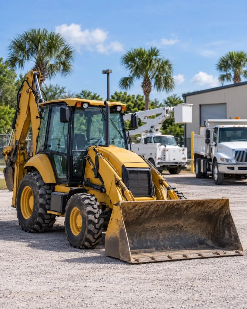 Illustration of a backhoe loader with municipal utility and dump trucks in a Florida public works yard.